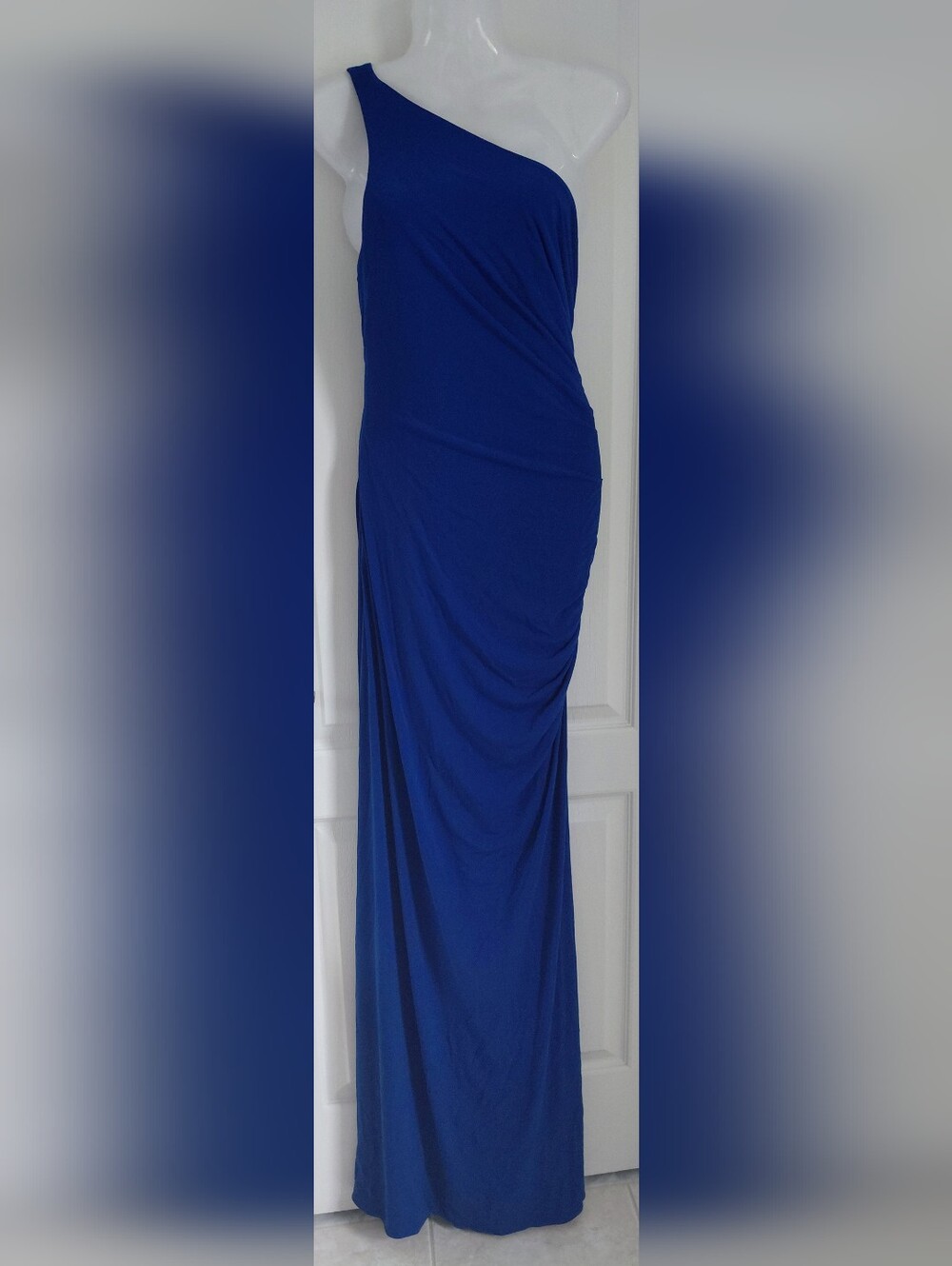 Laundry by Shelli Segal Blue One-Shoulder Ruched Maxi Skirt with Metallic Trim